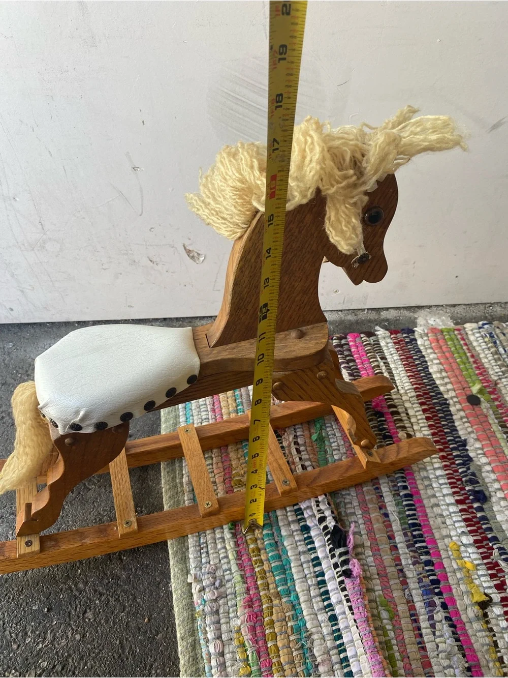 Vintage Wooden Doll Size Rocking Horse Cream Vinyl Seat Yarn Mane Nursery Decor